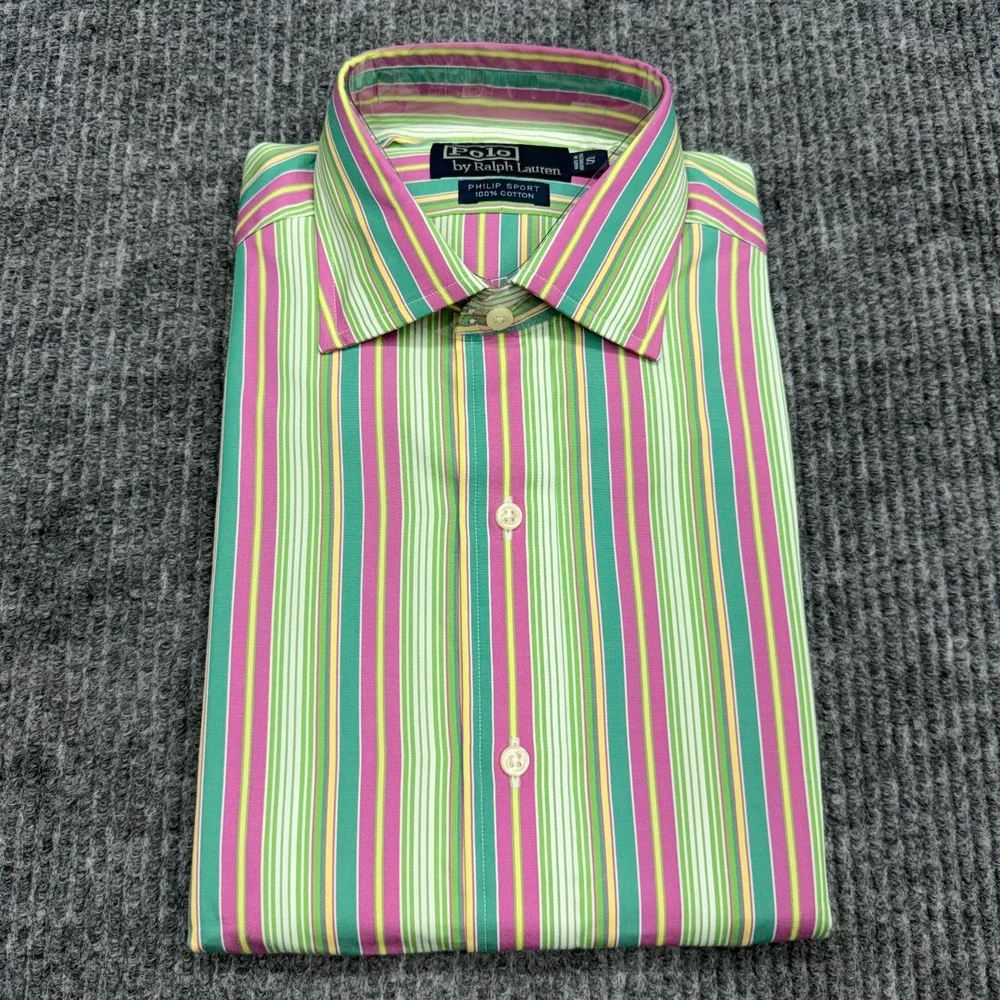 Vintage Polo Ralph Lauren Philip Sport Shirt Mens S Green Pink Vertical Striped
